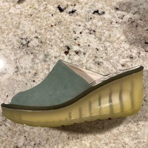 Fly London Jade Green Wedge Slides Size 40 (9.5) like new! No blemishes